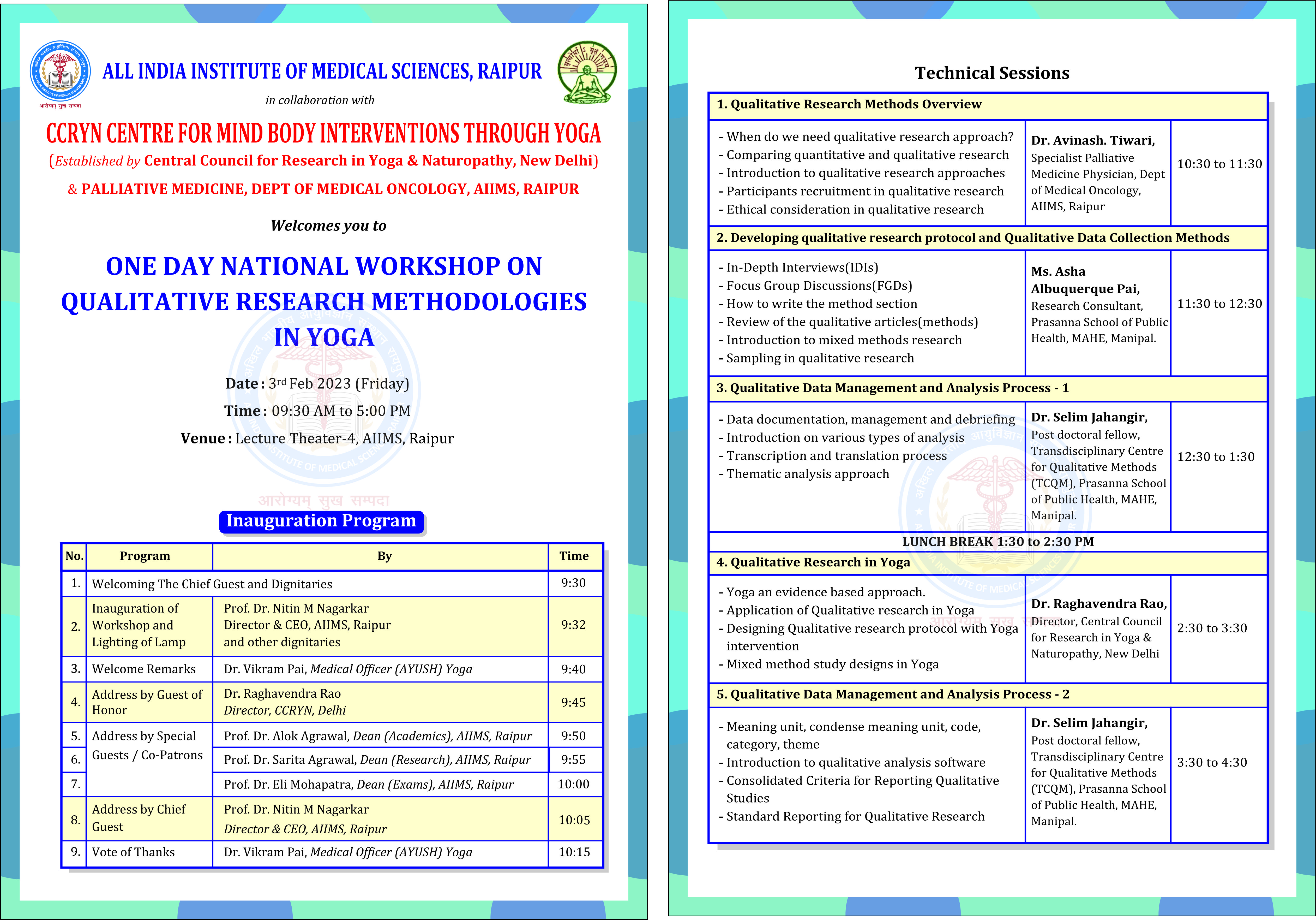 One day National workshop on Qualitative Research Methodologies in Yoga on Feb 3rd 2023 (Friday) at AIIMS, Raipur.